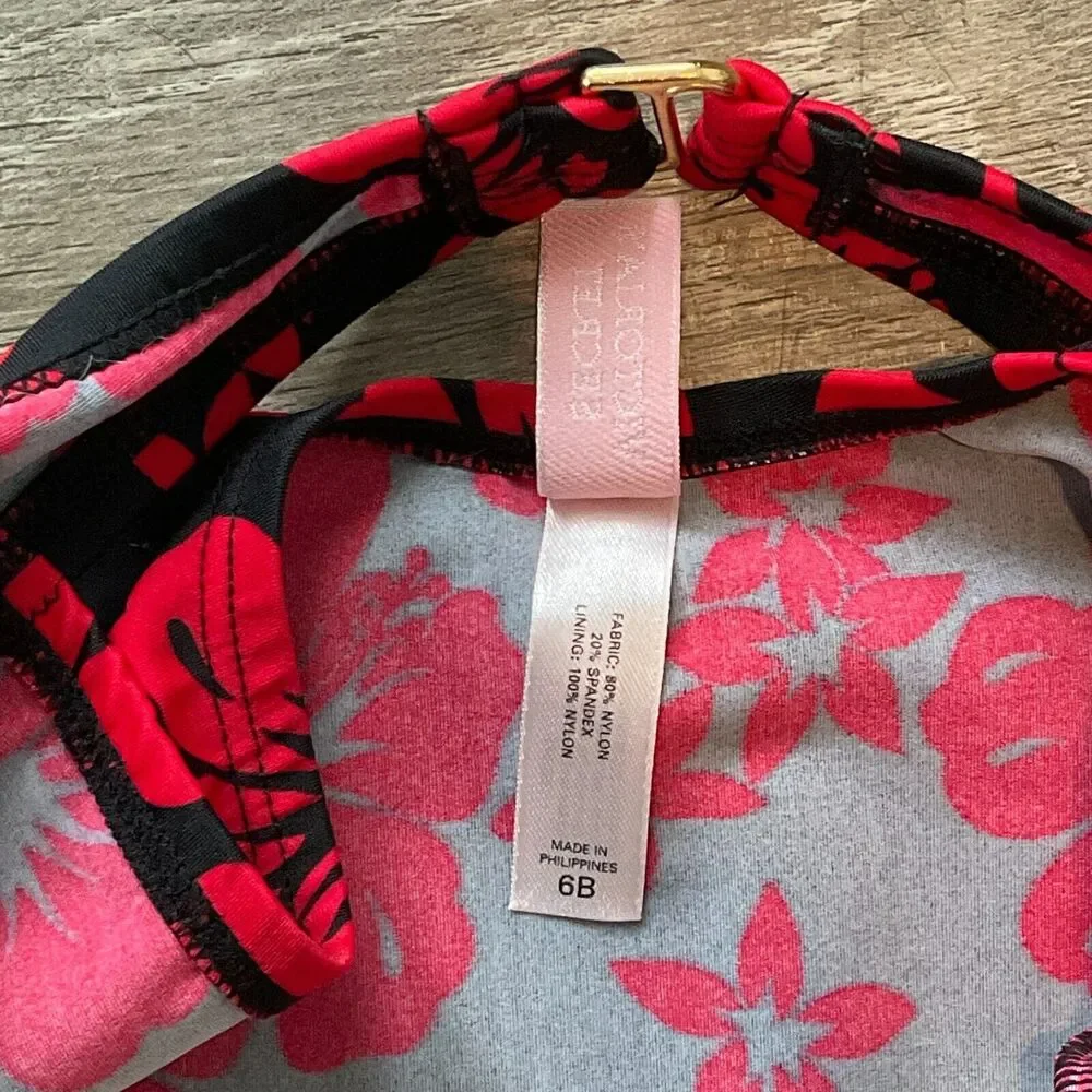 Victoria's Secret Floral One Piece Swimsuit Vintage Black Red Hibiscus Size 6B‎